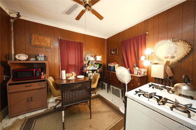 interior space with ceiling fan, wooden walls, and crown molding