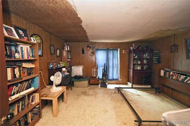 sitting room featuring wooden walls