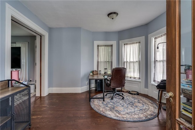 home office with dark hardwood / wood-style floors