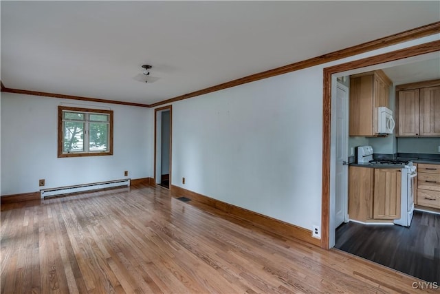 unfurnished living room with a baseboard radiator, ornamental molding, and light wood-type flooring