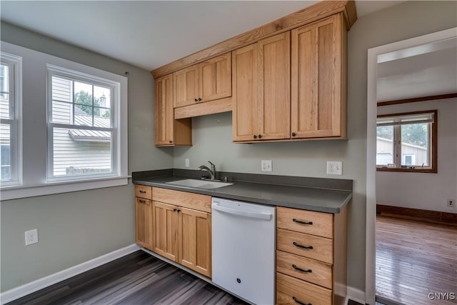 kitchen with dark wood-type flooring, white dishwasher, sink, and light brown cabinets