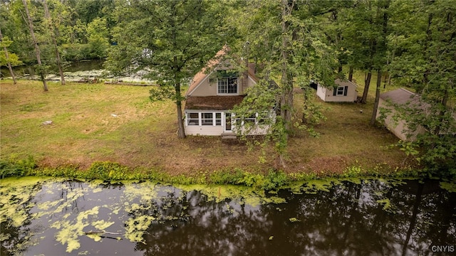 aerial view featuring a water view