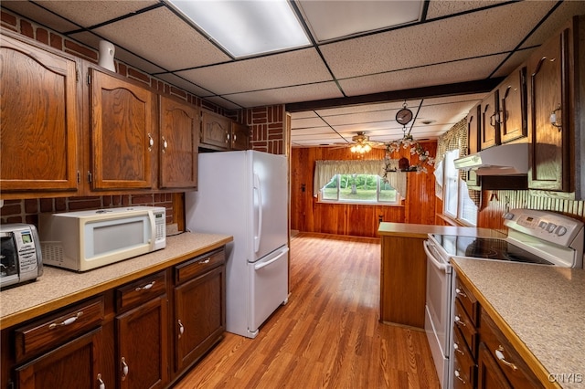 kitchen with a paneled ceiling, ceiling fan, white appliances, and light hardwood / wood-style floors