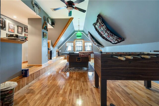 playroom with ceiling fan, pool table, and light hardwood / wood-style floors