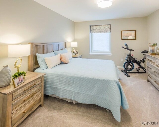 bedroom with light carpet and baseboards