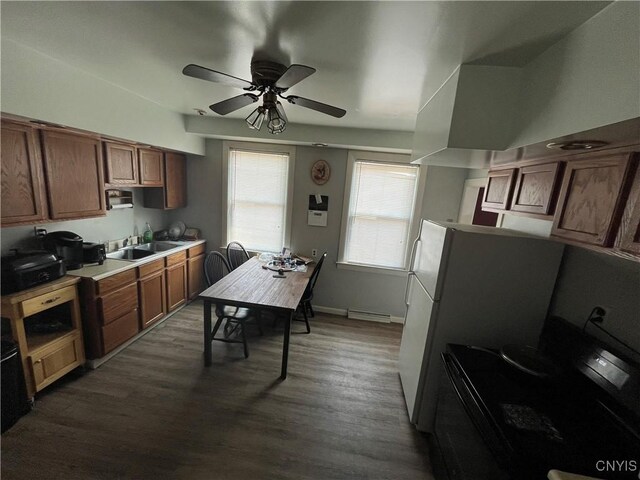 kitchen with hardwood / wood-style floors, ceiling fan, wall chimney range hood, stove, and sink