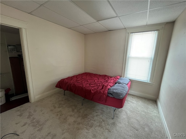 carpeted bedroom with a paneled ceiling and a closet