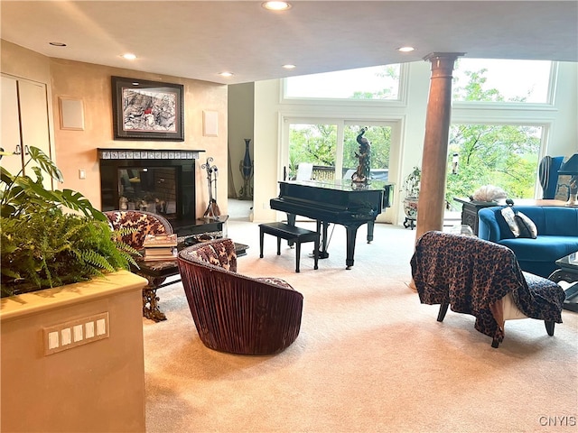 misc room featuring ornate columns, a wealth of natural light, and light carpet