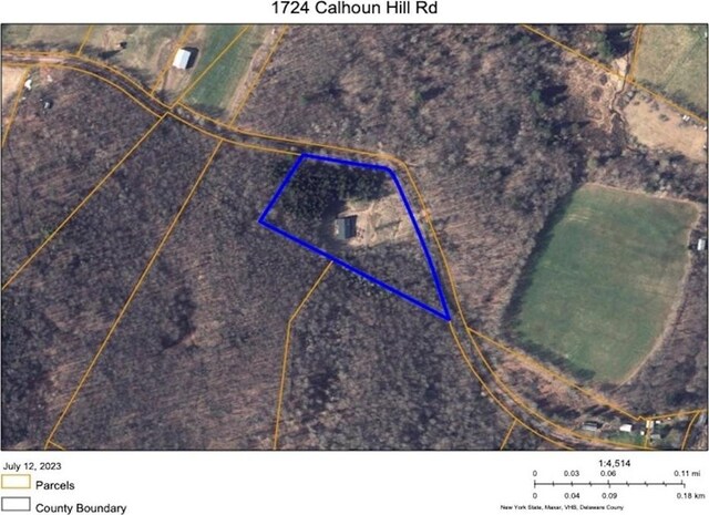1724 Calhoun Hill Rd, Andes, NY 13731 - aerial map of property and surrounding area featuring property boundaries highlighted