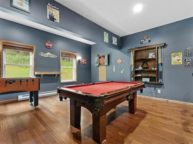 1724 Calhoun Hill Rd, Andes, NY 13731 - game room featuring billiards, wood finished floors, a baseboard heating unit, and baseboards