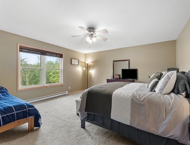 bedroom featuring ceiling fan, carpet, and a baseboard radiator