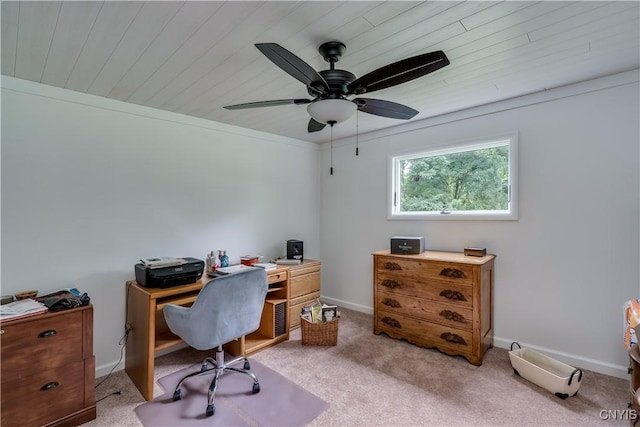 home office with a ceiling fan, wood ceiling, light carpet, and baseboards