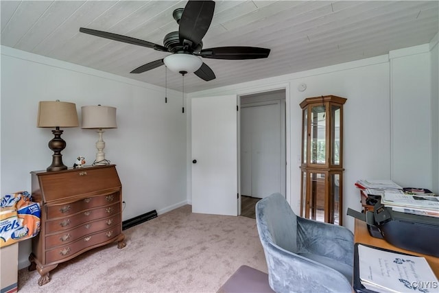 sitting room with light carpet and ceiling fan