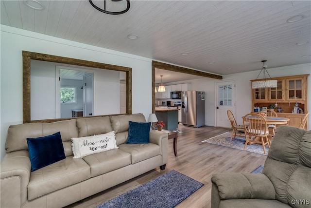 living area with wood finished floors and wood ceiling