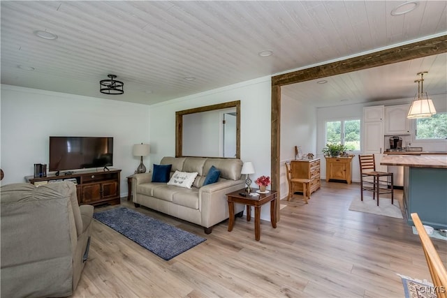 living area featuring wood ceiling and light wood-style flooring