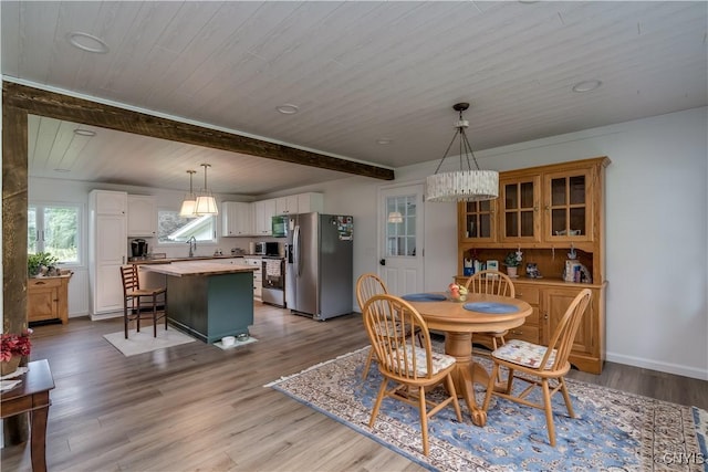 dining area with light wood finished floors, beamed ceiling, wood ceiling, and baseboards