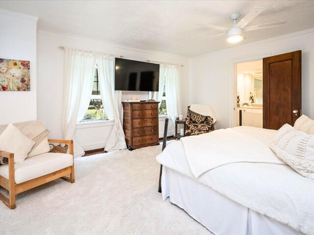 carpeted bedroom featuring ensuite bath, ornamental molding, and ceiling fan