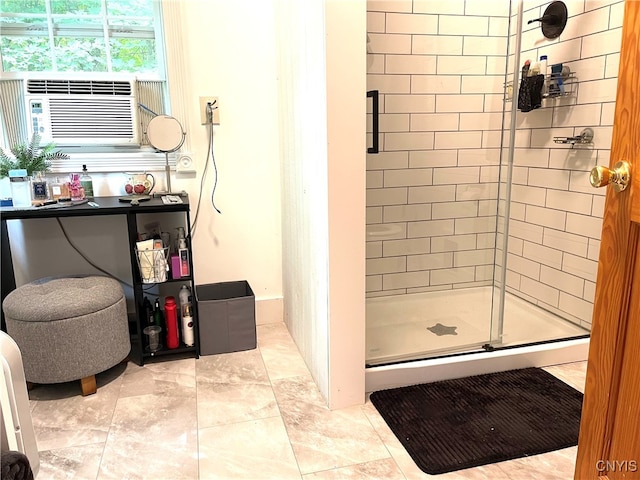 bathroom with an enclosed shower, cooling unit, and tile patterned flooring