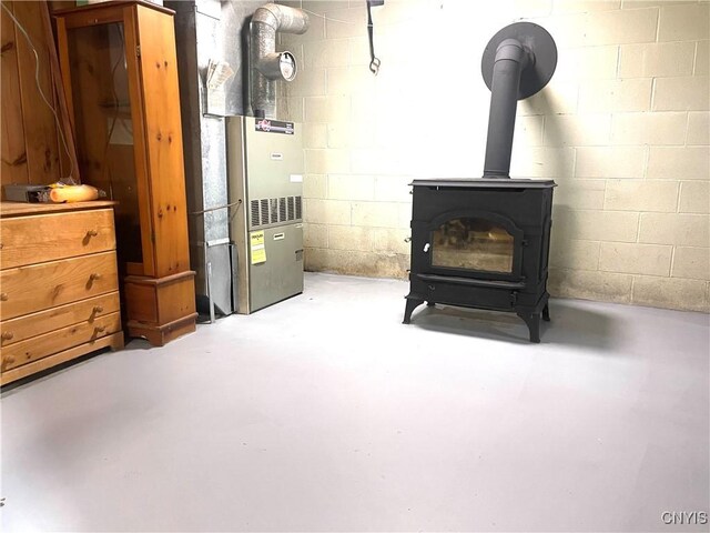 interior space featuring a wood stove