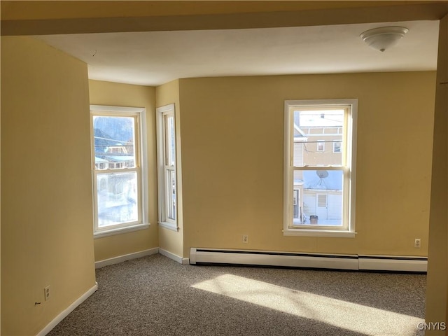 empty room with carpet, plenty of natural light, and baseboard heating