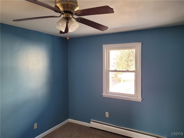 carpeted empty room with baseboard heating and ceiling fan