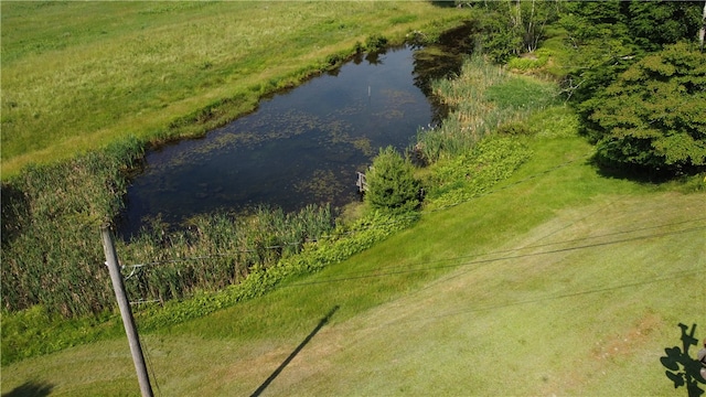 bird's eye view with a water view