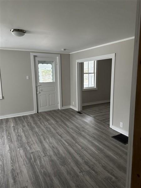 foyer featuring crown molding, plenty of natural light, and dark hardwood / wood-style floors