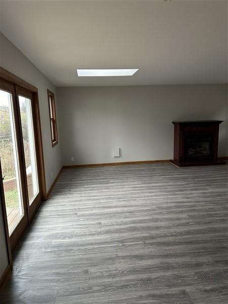 interior space featuring hardwood / wood-style flooring and a skylight