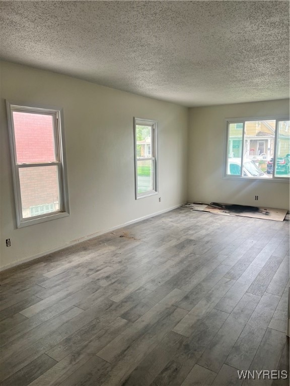 spare room with wood-type flooring, a textured ceiling, and plenty of natural light