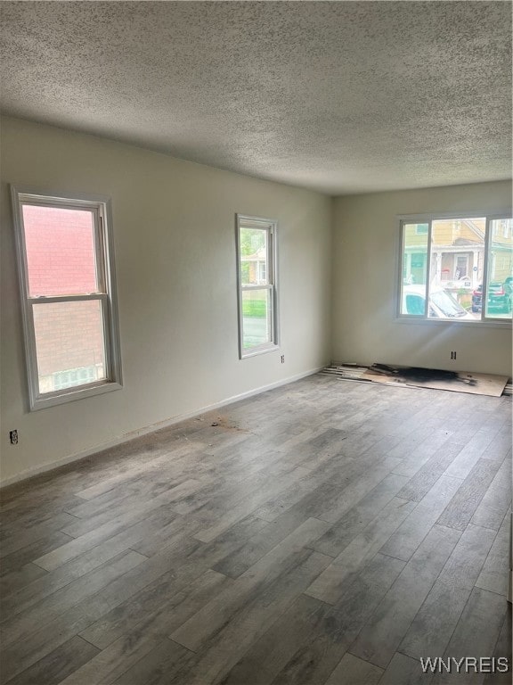 empty room with a textured ceiling and hardwood / wood-style flooring