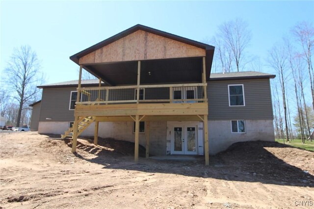 96 Slosson Rd, West Monroe, NY 13167 - rear view of house featuring stairway, a wooden deck, and french doors