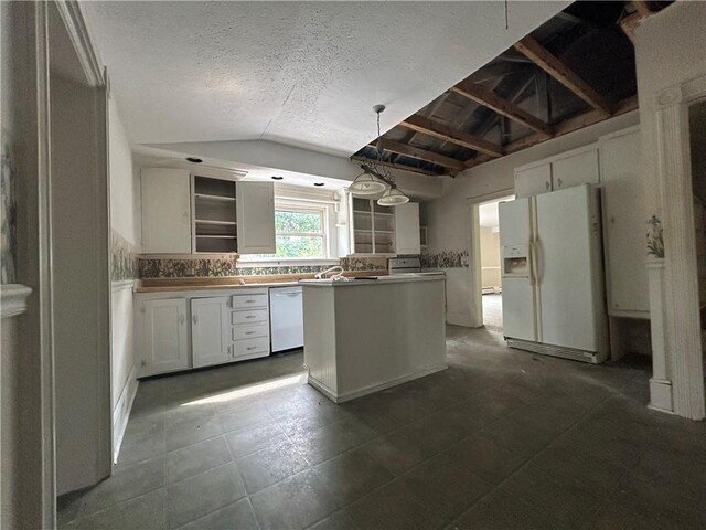 kitchen with a textured ceiling, white cabinetry, tile patterned flooring, vaulted ceiling, and white appliances