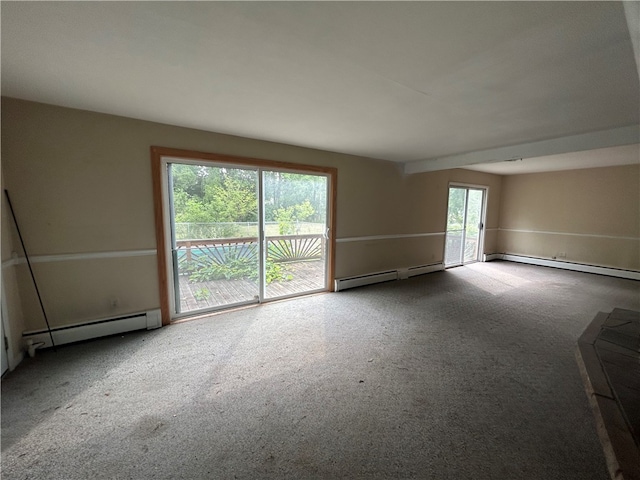 empty room with a baseboard heating unit and carpet floors