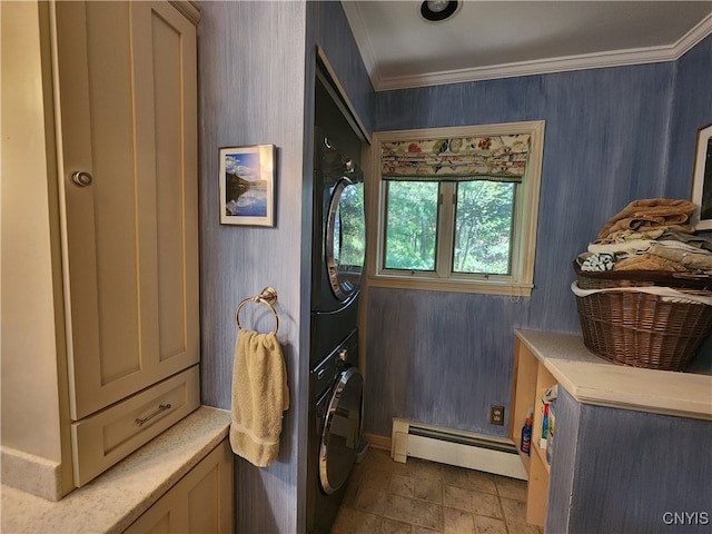 laundry room with stacked washer / dryer, a baseboard radiator, and ornamental molding