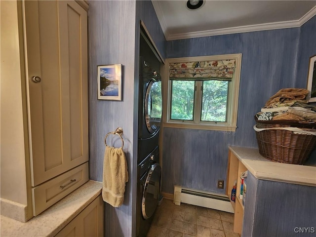 1666 Buffs Blf, Skaneateles, NY 13152 - laundry area with a baseboard radiator, estacked washer and dryer, ornamental molding, and light stone finish flooring