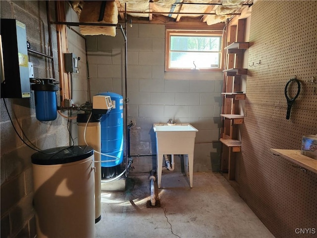1666 Buffs Blf, Skaneateles, NY 13152 - below grade area featuring a water pressure tank, concrete block wall, and a water softener