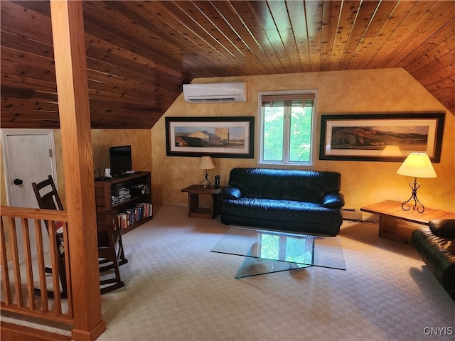 carpeted living room featuring wood ceiling, a wall unit AC, and vaulted ceiling