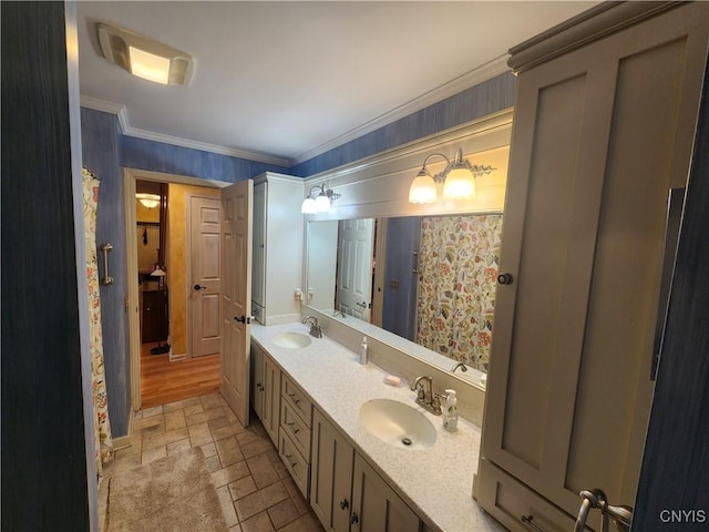 1666 Buffs Blf, Skaneateles, NY 13152 - bathroom with double vanity, wallpapered walls, and a shower with curtain