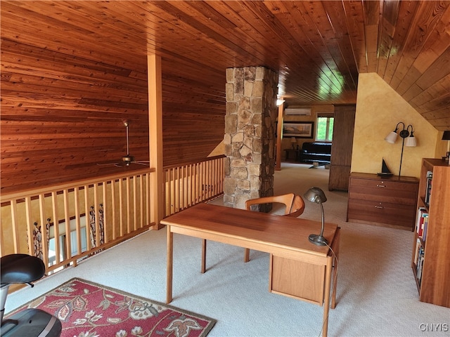 carpeted office featuring decorative columns, a wall mounted AC, ceiling fan, wooden ceiling, and lofted ceiling