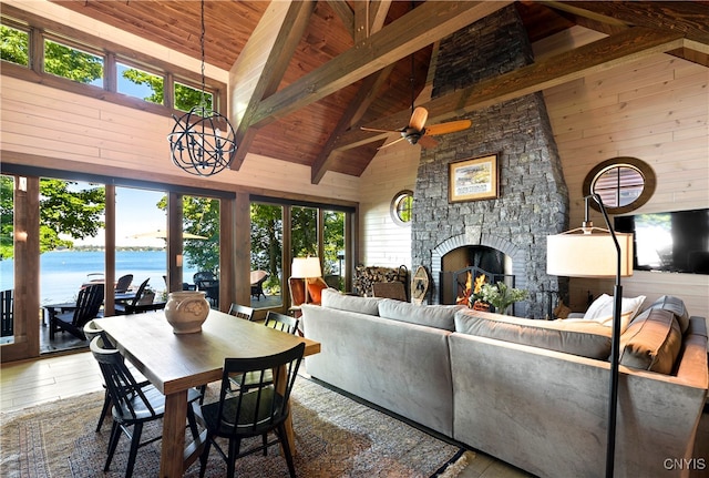 interior space with wooden ceiling, a fireplace, beamed ceiling, a water view, and hardwood / wood-style floors