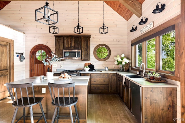 kitchen with vaulted ceiling, appliances with stainless steel finishes, wooden walls, and hardwood / wood-style floors