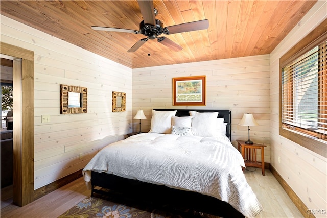 bedroom with wood walls, hardwood / wood-style flooring, and wooden ceiling