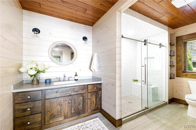 bathroom featuring wood walls, wooden ceiling, and toilet