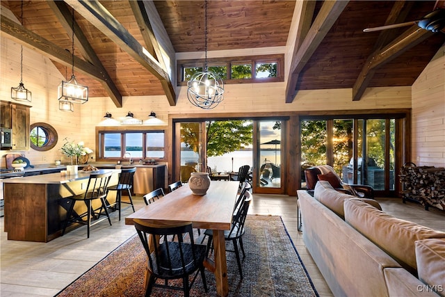 dining area featuring wood walls, beamed ceiling, wood ceiling, and a healthy amount of sunlight