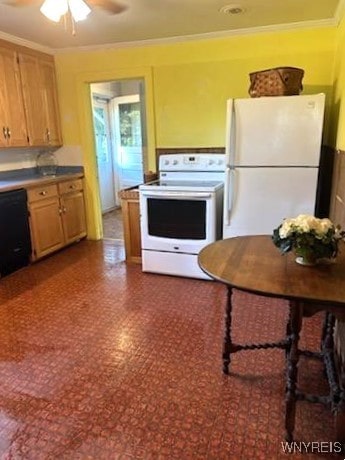 kitchen featuring ceiling fan, crown molding, and white appliances