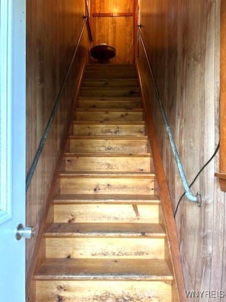 staircase with wooden walls