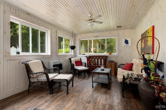 sunroom with wooden ceiling, ceiling fan, and a healthy amount of sunlight