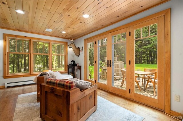 interior space with light hardwood / wood-style floors, wood ceiling, french doors, and baseboard heating