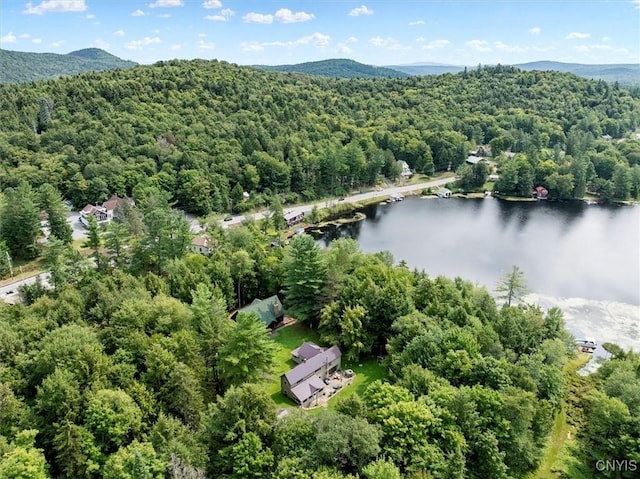 bird's eye view with a water and mountain view