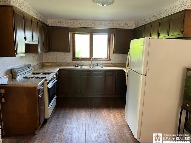 kitchen featuring sink, dark hardwood / wood-style flooring, dark brown cabinets, and white appliances